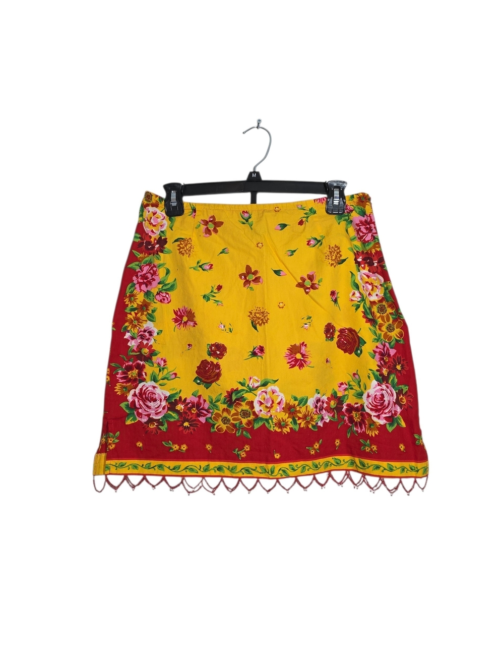 Boston Proper Floral Mini Skirt Yellow Red 100% Cotton Beaded Trim Size 10